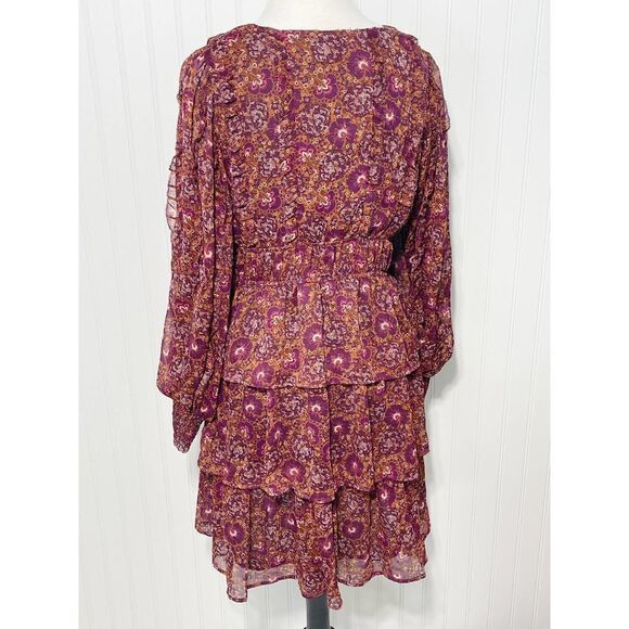 House of Harlow 1960 Batik Print V-Neck Mini Ruffle Tiered Dress Berry 10‎ - Picture 2 of 11